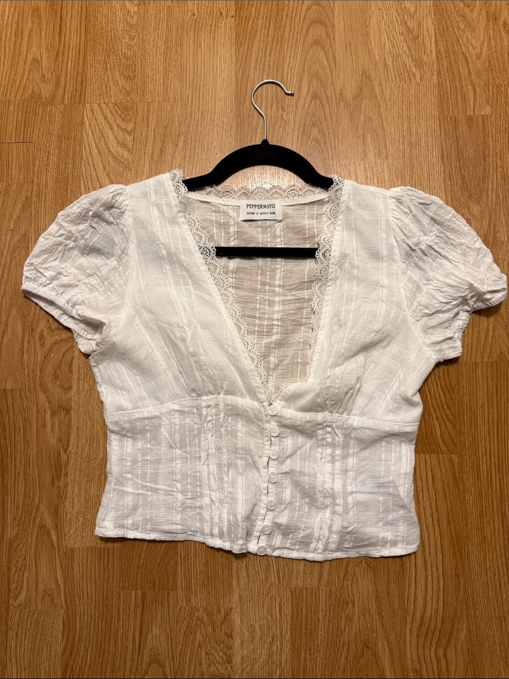 Peppermayo White Lace-Trim Button Front Women's Top